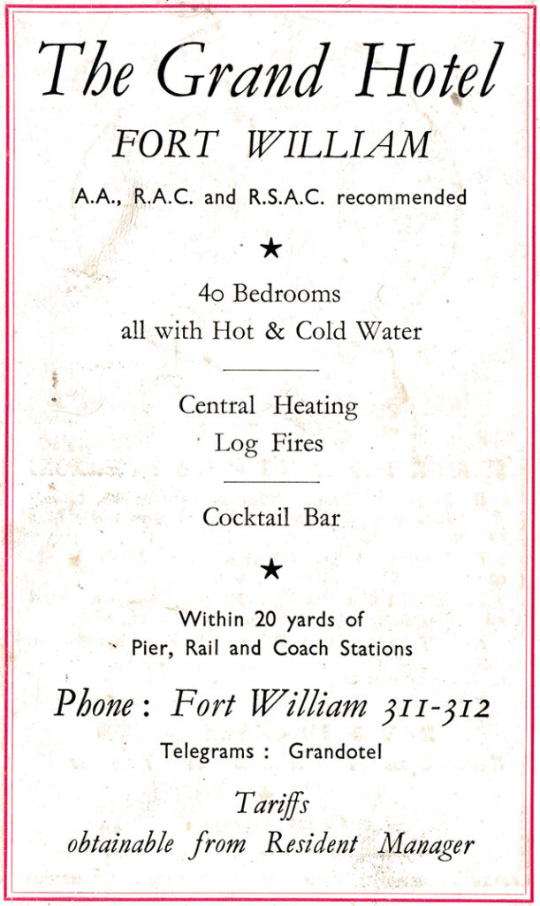 Fort William - Advertisement Grand Hotel - Publicity