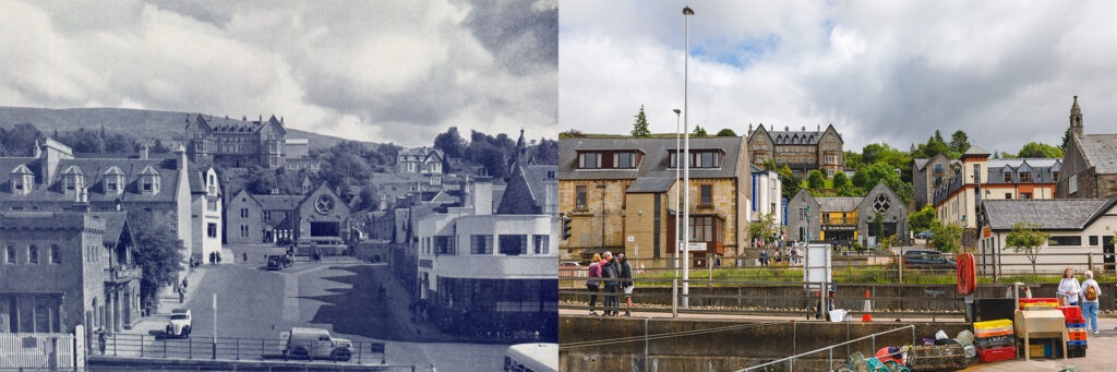 Fort William | The Railway Station, the Station Hotel, Grand Hotel, Highland Hotel, Macrea and Dick’s Bus Station and MacBrayne’s Bus Station from the pier - Then and now