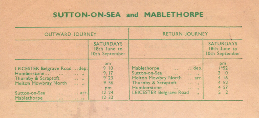 Schedule Summer train to Sutton-on-Sea/Mablethorpe - 1960