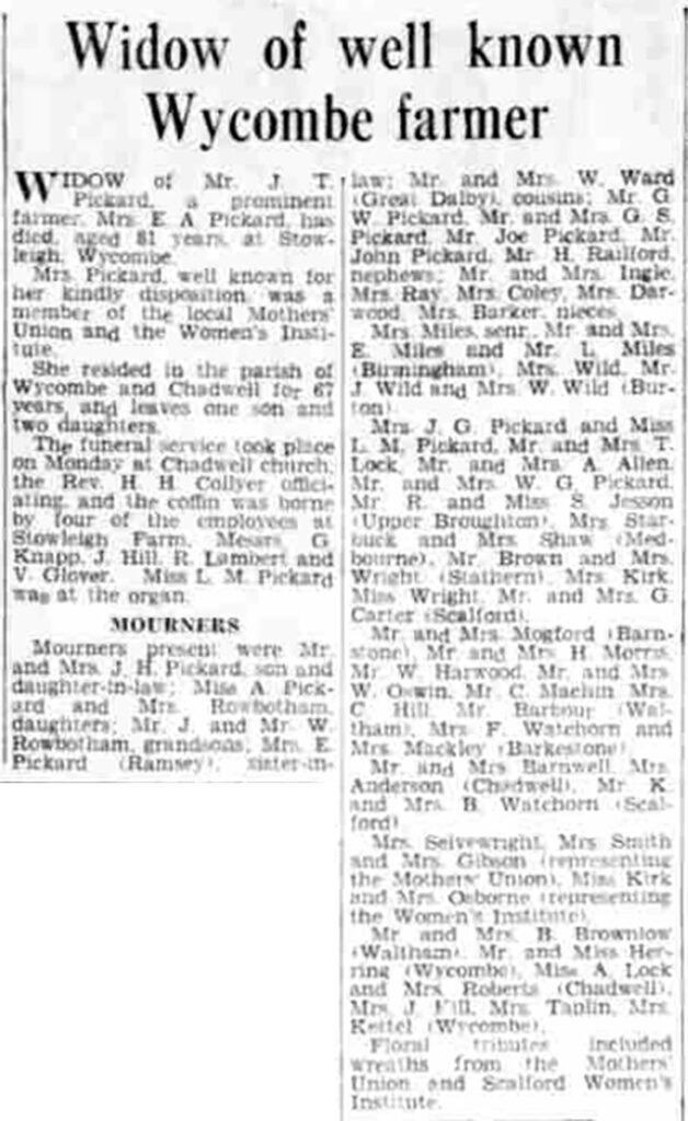 Wycomb - Funeral E.A. Pickard - Grantham Journal 24 November 1950